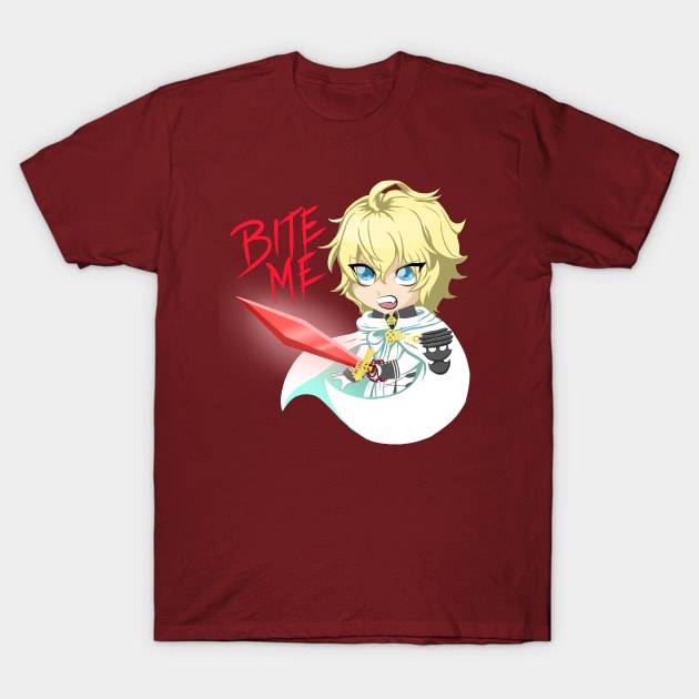 Mika Hyakuya - Bite Me T-Shirt by judechelfiearts